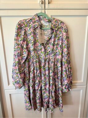 Selected Femme Pink Floral Midi Dress with Green Accents